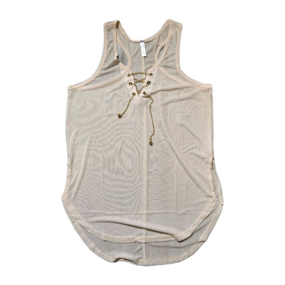 Pebby Forevee Sheer Mesh Gold Lace Up Tank Top Nude Beige Sleeveless L/XL EUC